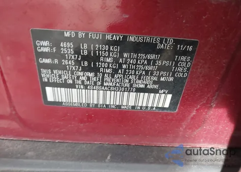 2017 Subaru Outback 2.5I z USA, uszkodzony, nr VIN 4S4BSAAC8H3301770